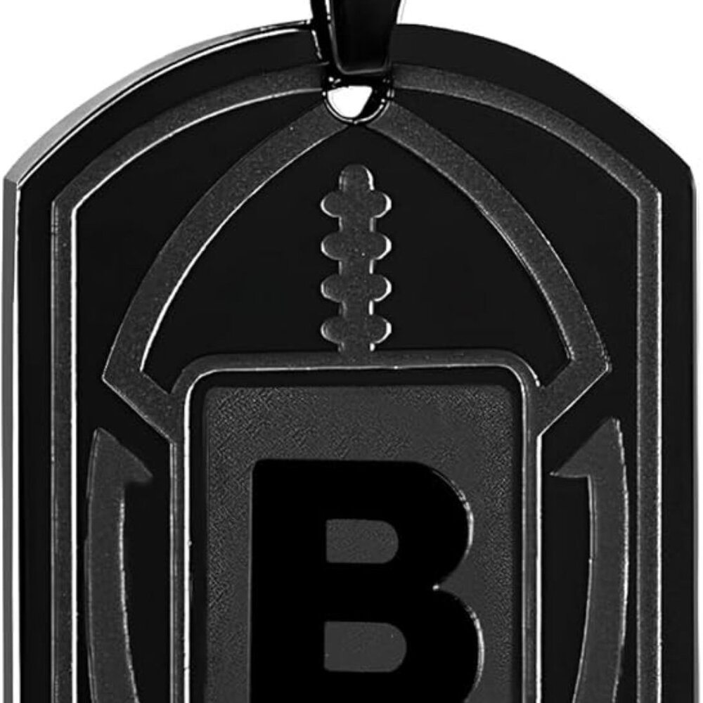 Football Initial Necklace for Men Boys Kids Teen Dog Tag Stainless Steel Black L